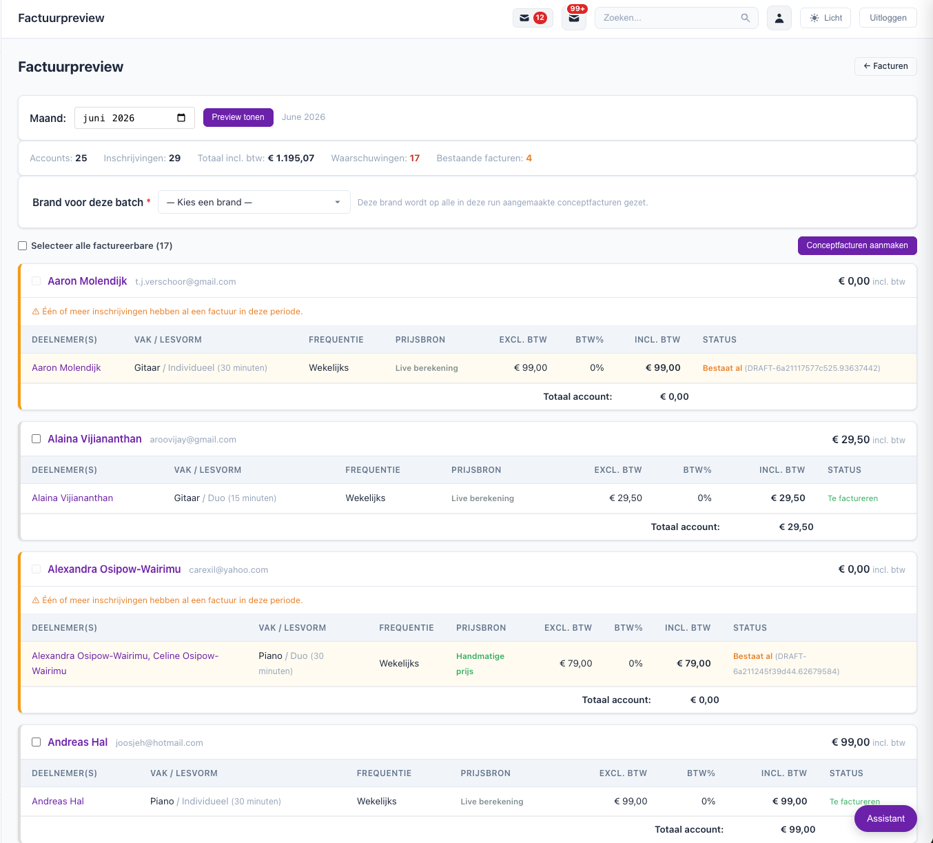 Verzendlijst met conceptfacturen, betaallinks en betaalstatus