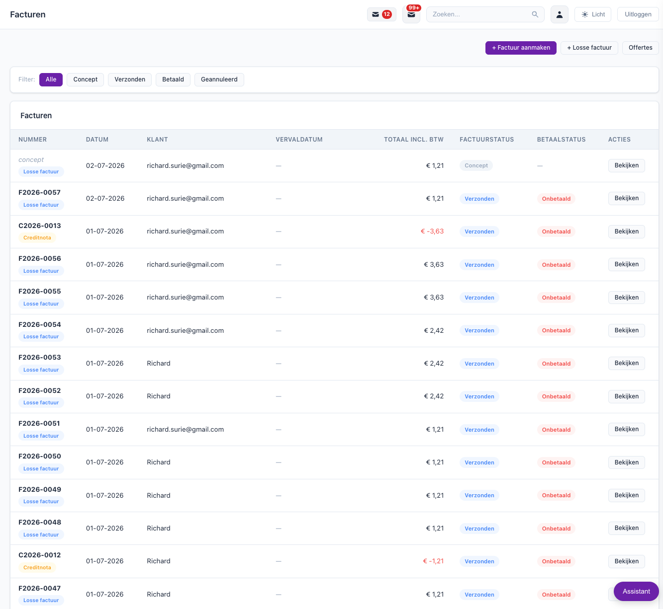 Maandfactuurflow in musicschoolsoftware.com — preview en verzenden